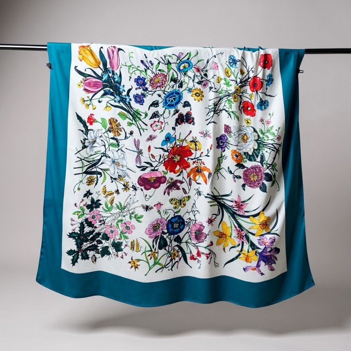 Square silk scarf with wild flower pattern and turquoise border